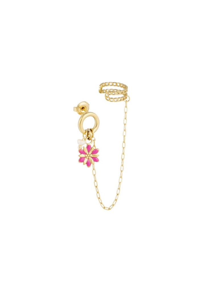 Dubbele Oorbel Earcuff Bloem Fuschia