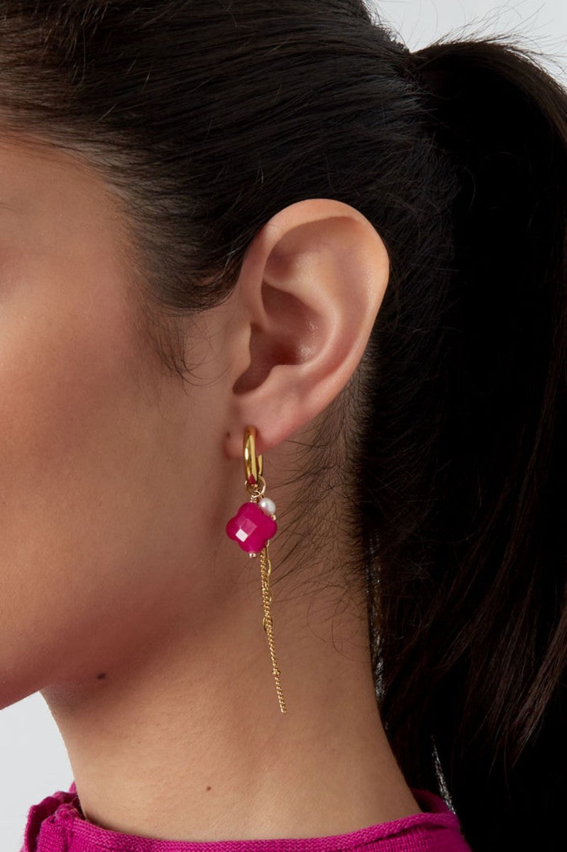 Oorbellen Clover Stone Long Fuschia