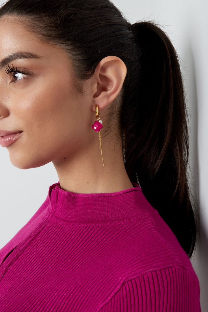 Oorbellen Clover Stone Long Fuschia