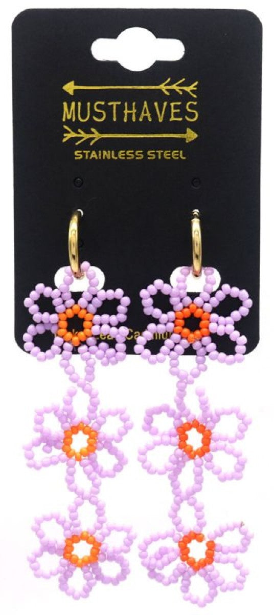 Oorbellen Kralen 3 Daisies Paars