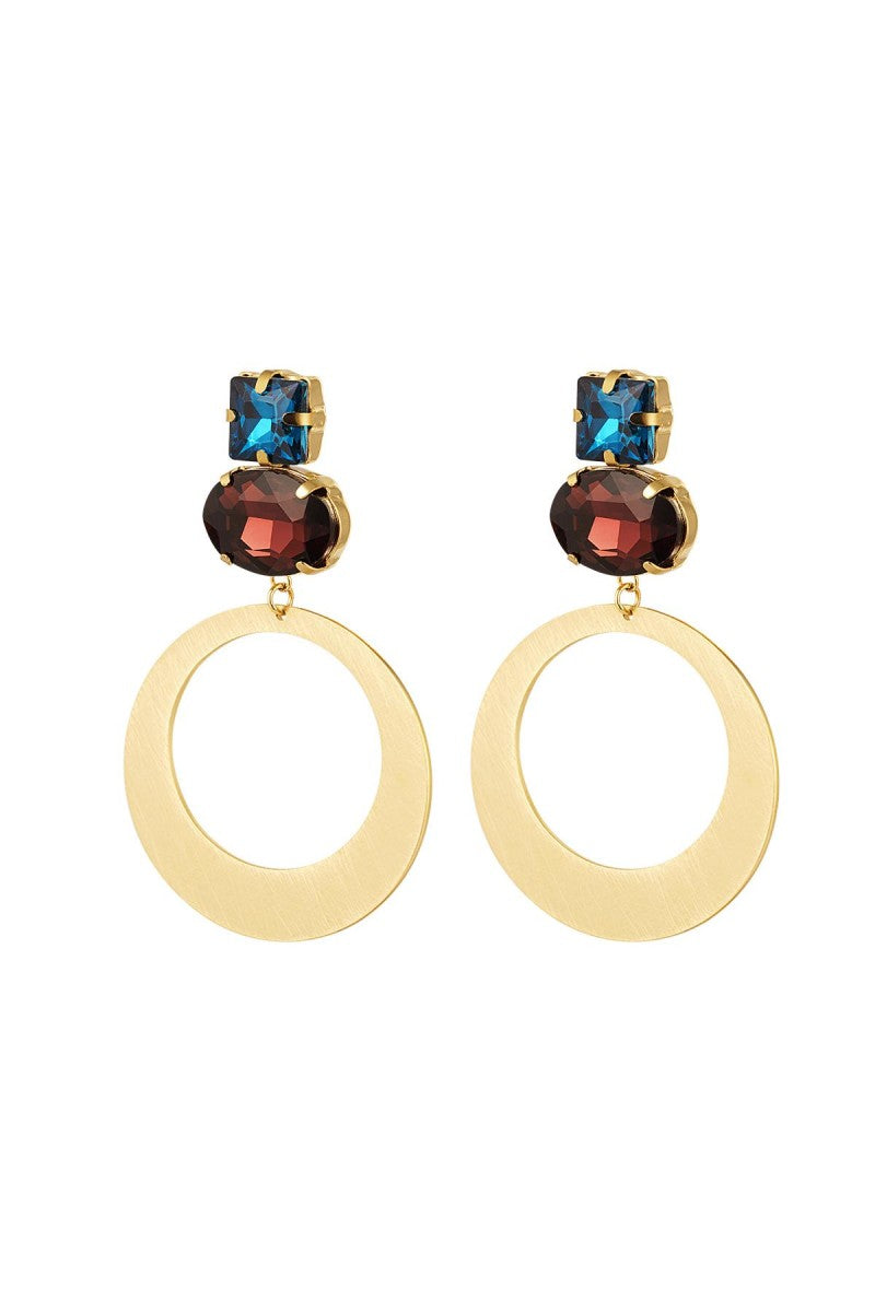 Oorbellen Statement Rond Strass Blauw Bruin