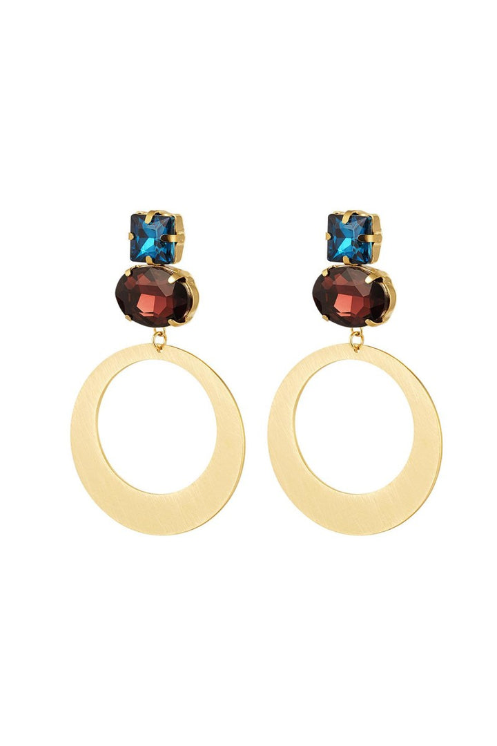 Oorbellen Statement Rond Strass Blauw Bruin