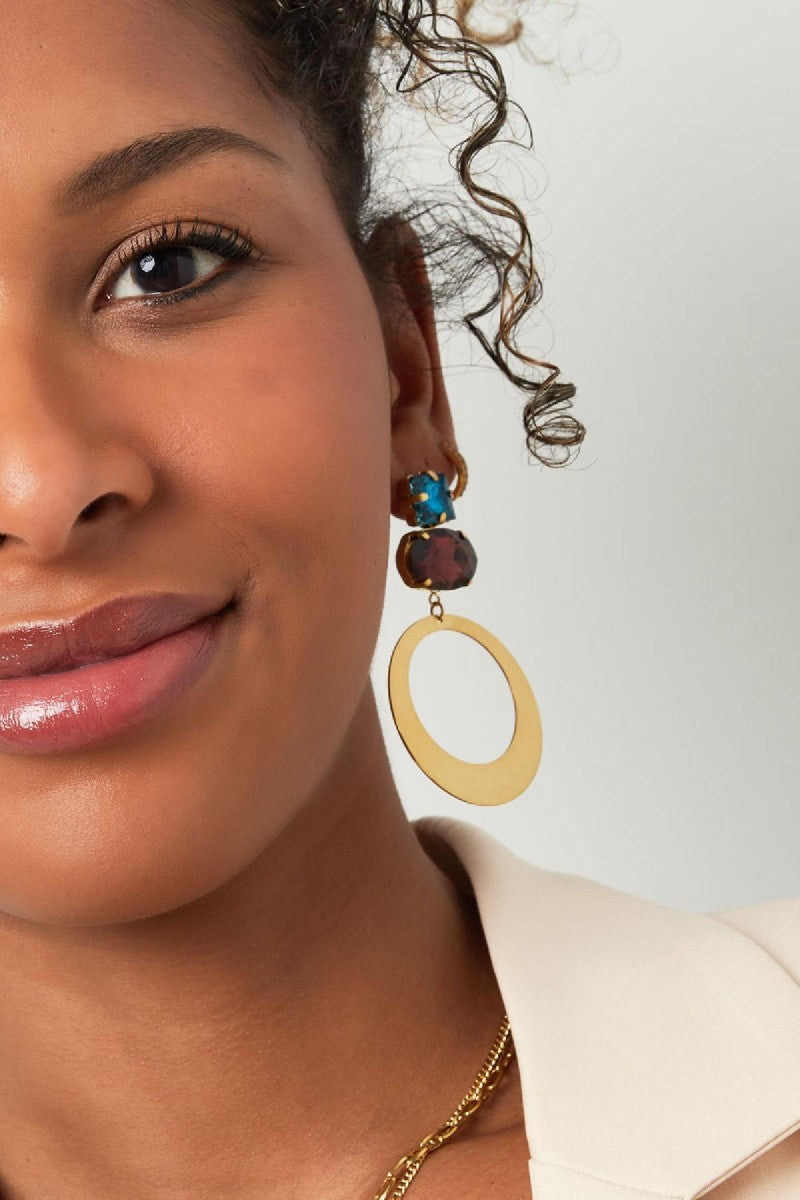 Oorbellen Statement Rond Strass Blauw Bruin